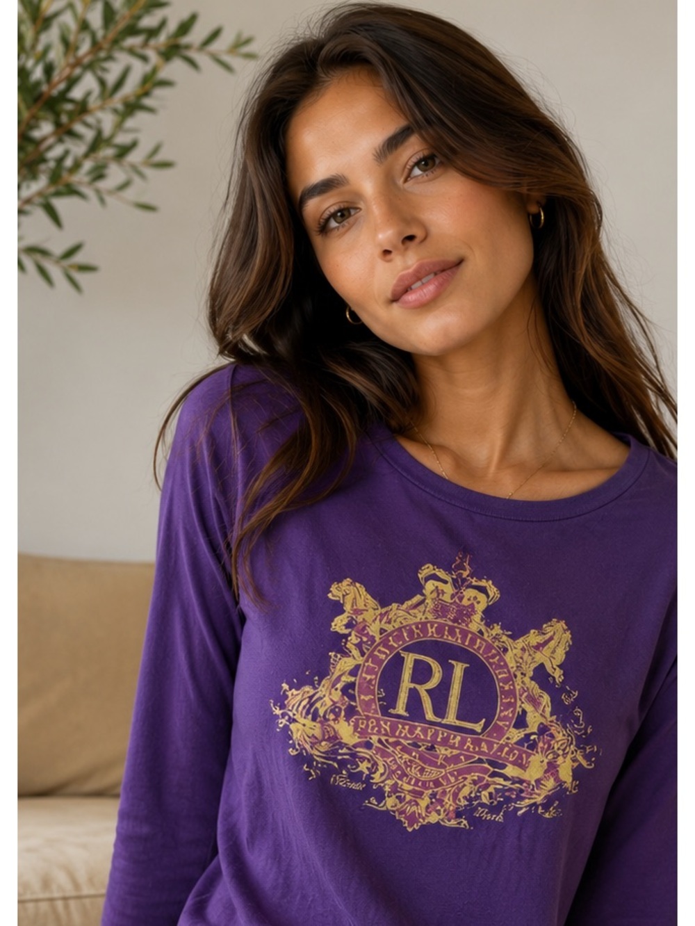 Ralph Lauren Vintage Purple Long Sleeve Tee with Gold Crest